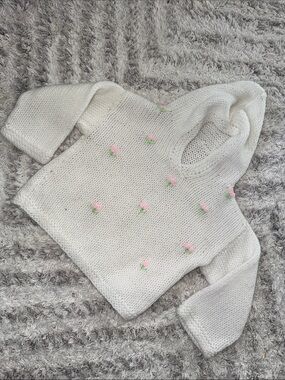 9-12m Cream Hooded Knit Sweater with Pink Floral Accents home made